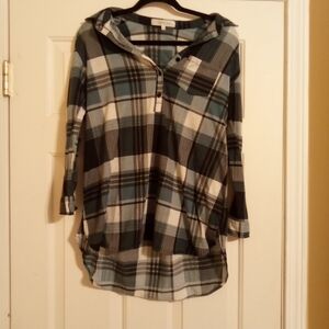 90s Grunge Style Long Sleeve Blue, White & Black Plaid Button Down Shirt Size L